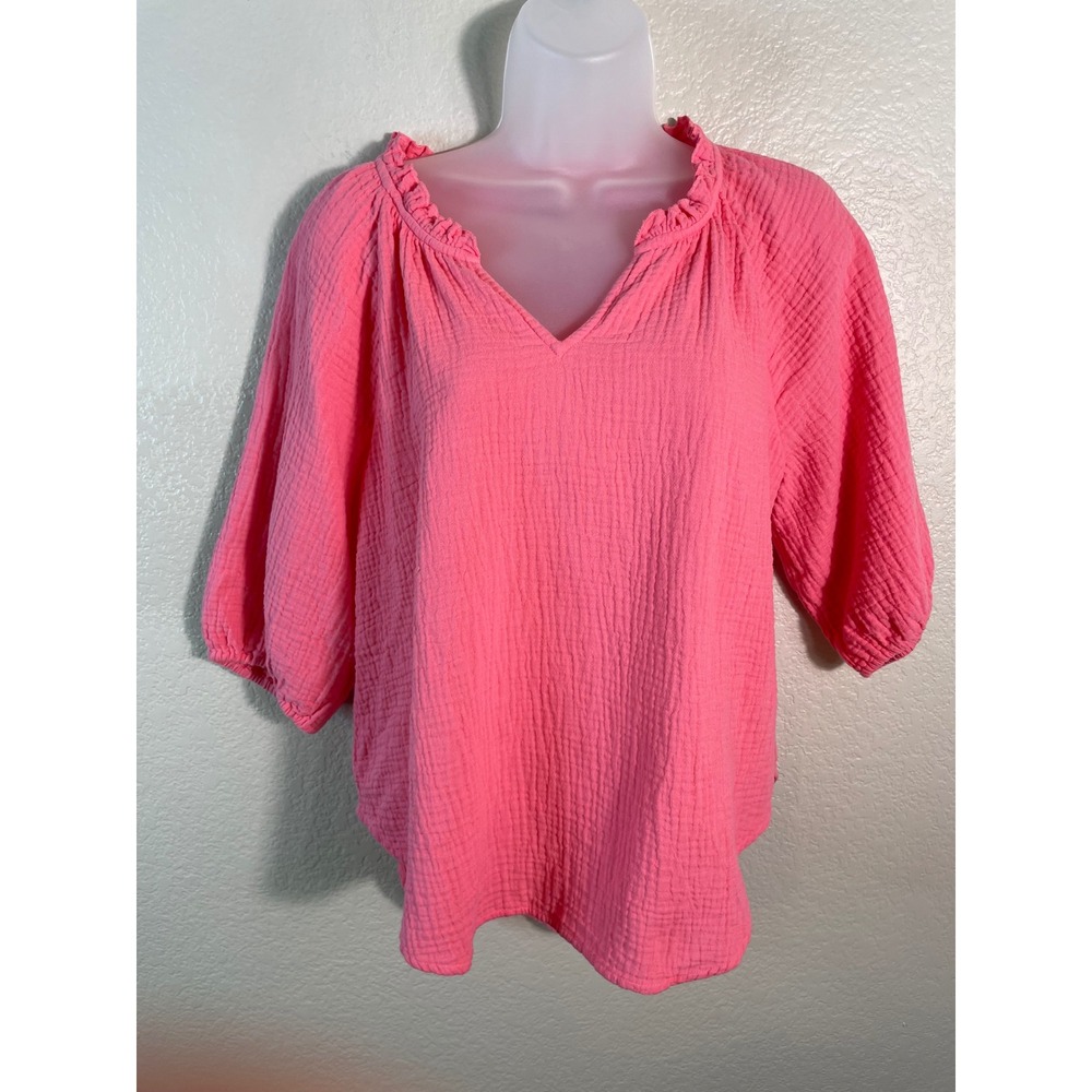 Chicos 1 US Medium Blouse Pink Cotton Gauze Ruffle Neck 3/4 Sleeve Top Coastal